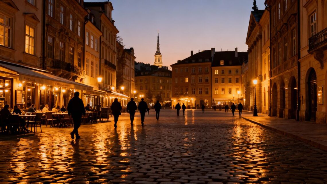 European city square at dusk with historic buildings and cafes.
