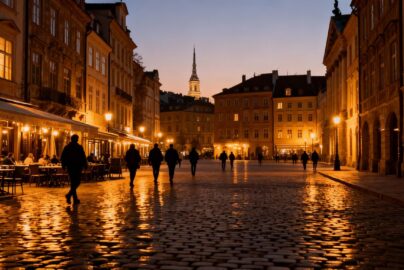 European city square at dusk with historic buildings and cafes.