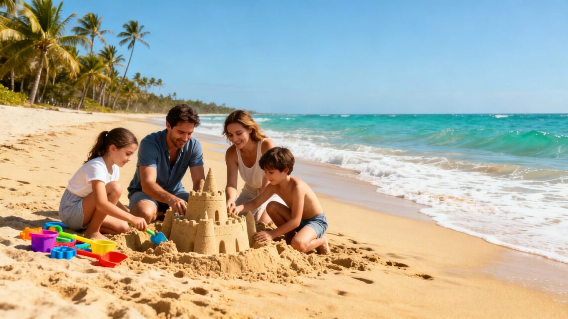 Family enjoying a sunny beach vacation with sand toys.