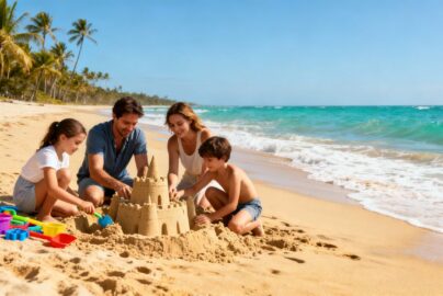 Family enjoying a sunny beach vacation with sand toys.
