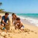 Family enjoying a sunny beach vacation with sand toys.