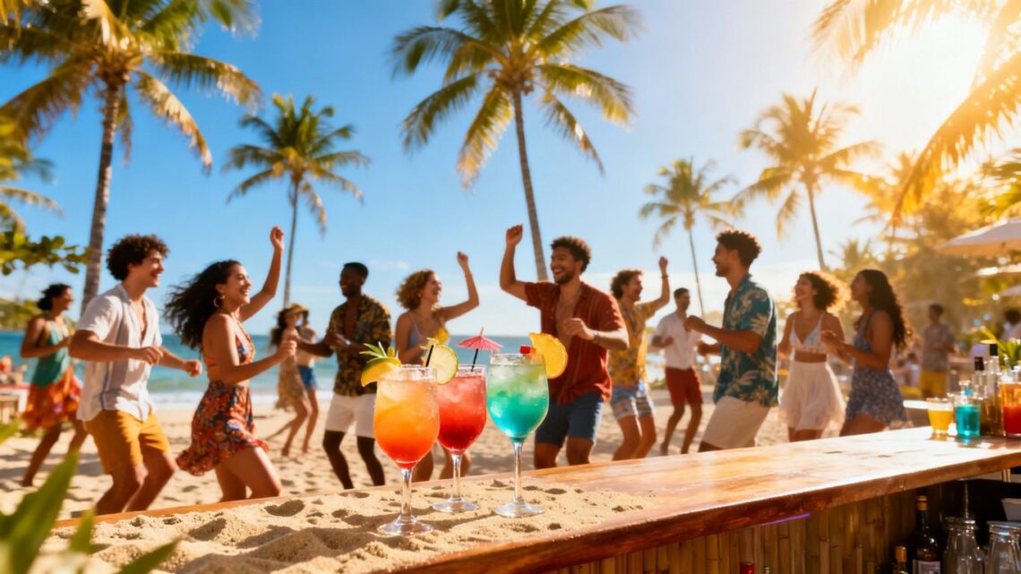 People celebrating at a tropical beach party destination.