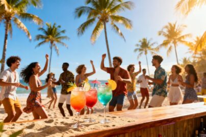 People celebrating at a tropical beach party destination.