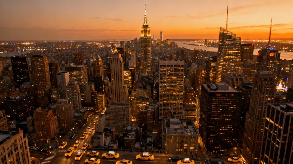 New York City skyline with Empire State Building at dusk.