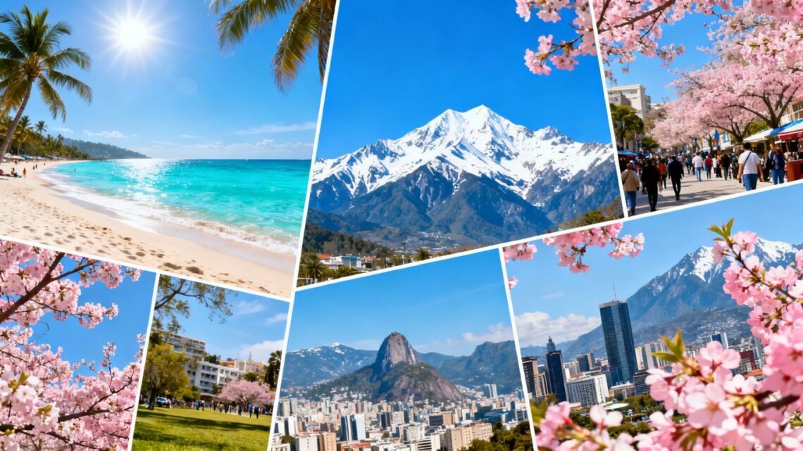 Collage of diverse March travel destinations: beaches, mountains, cities.