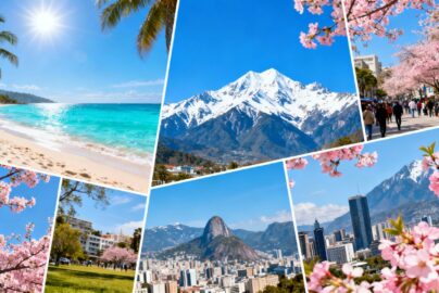 Collage of diverse March travel destinations: beaches, mountains, cities.