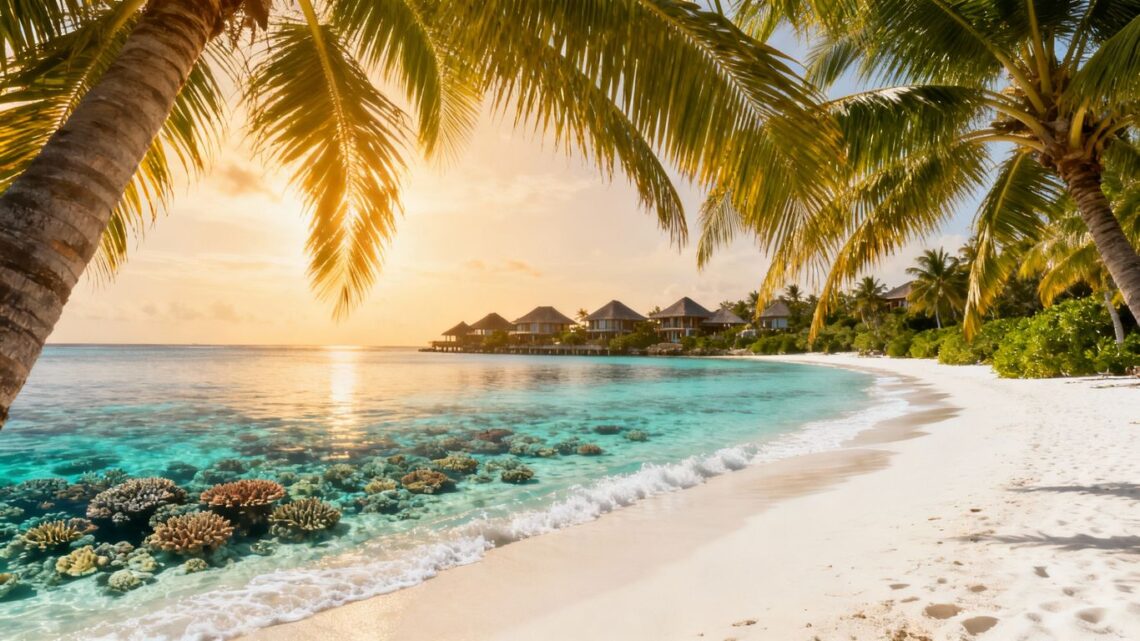 Tropical beach with palm trees and clear blue water.