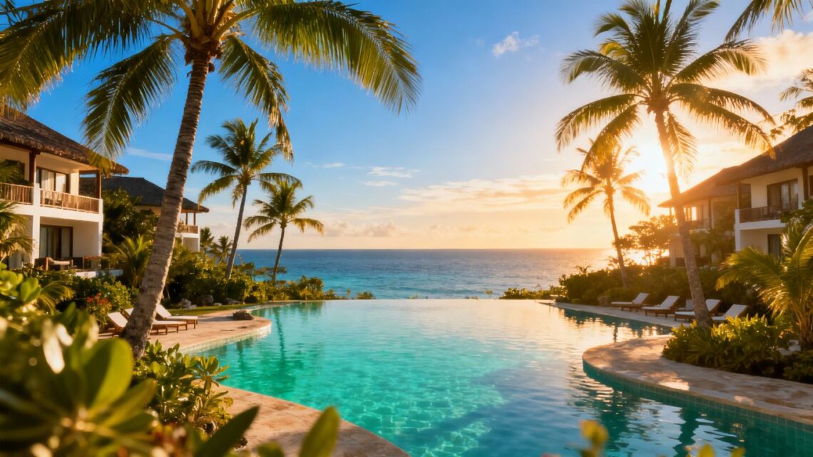 Tropical beach with clear water and palm trees.