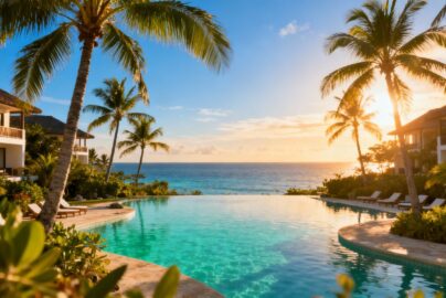 Tropical beach with clear water and palm trees.