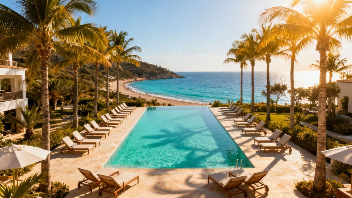 Luxury European resort pool with ocean view.