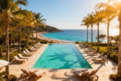 Luxury European resort pool with ocean view.
