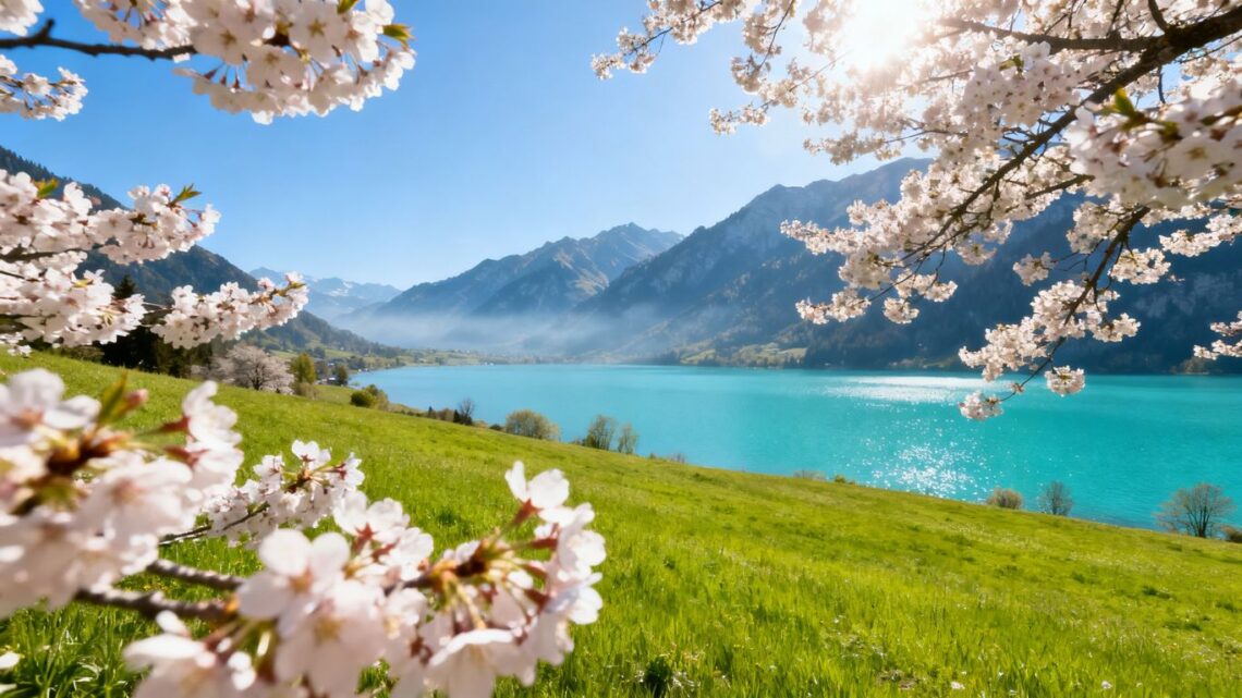 April spring adventure destinations with blossoms and mountains.