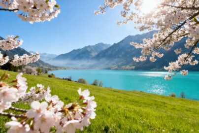 April spring adventure destinations with blossoms and mountains.
