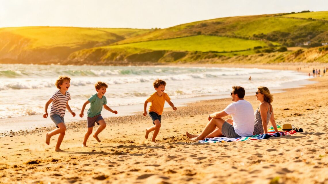 Family enjoying a sunny UK beach holiday in 2026.