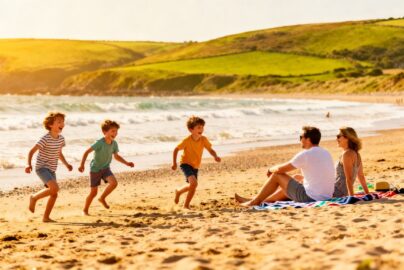 Family enjoying a sunny UK beach holiday in 2026.