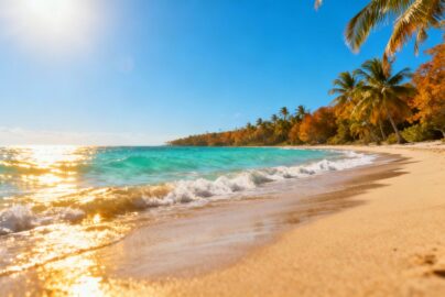 Sunny beach with palm trees and clear blue water.