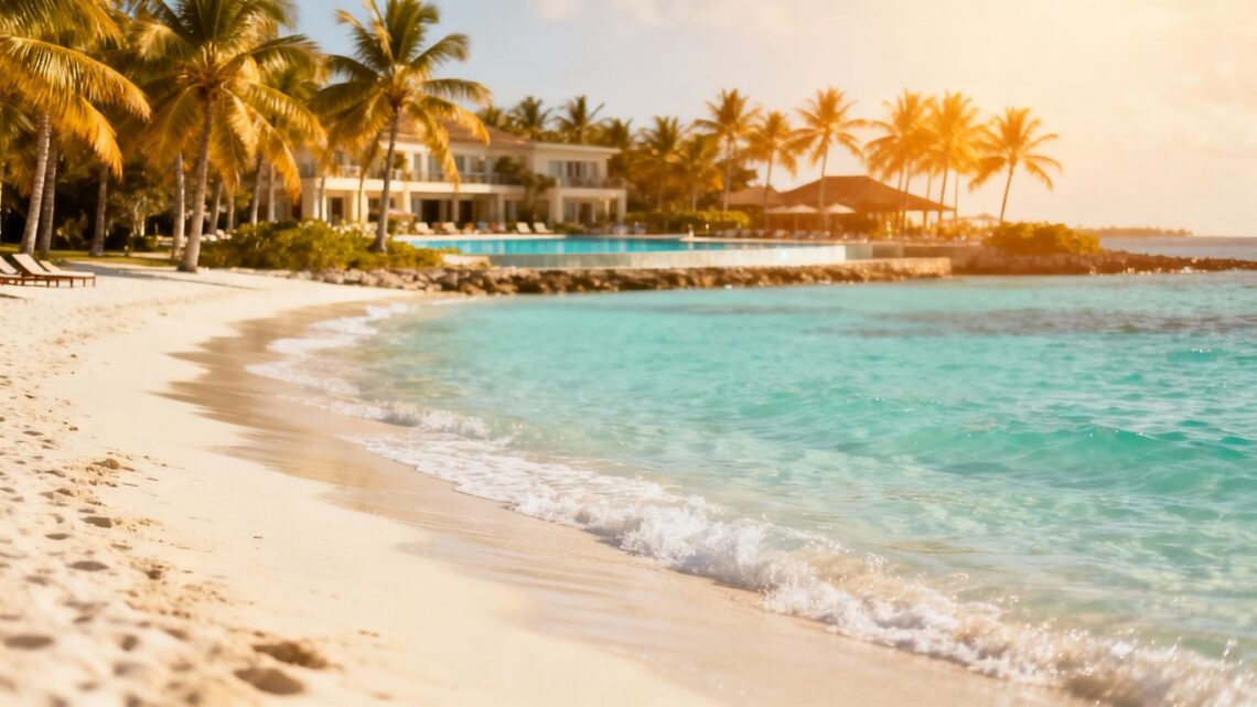 Tropical beach with palm trees and clear blue water.