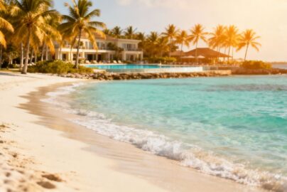Tropical beach with palm trees and clear blue water.