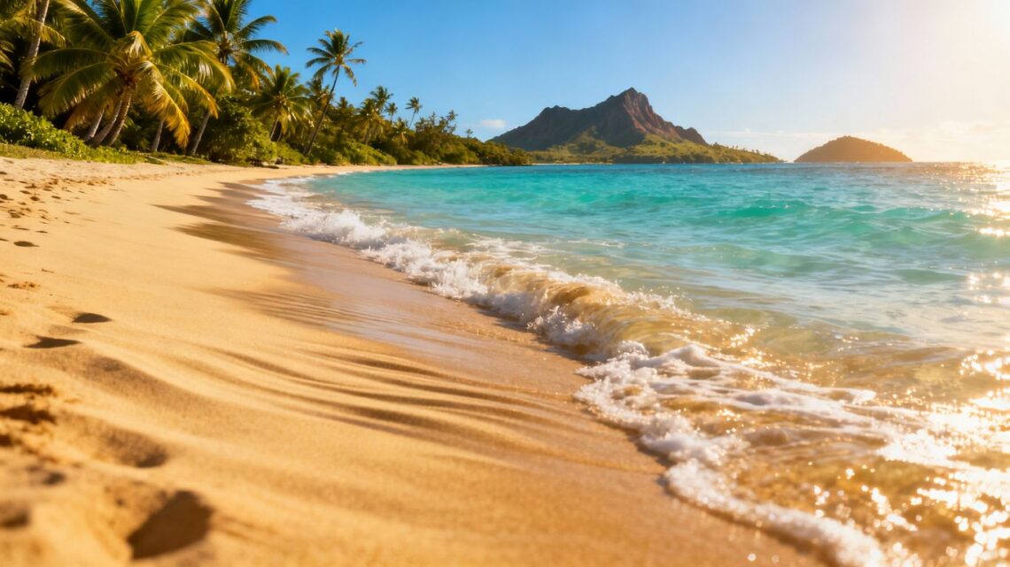 Sunny beach with palm trees and clear blue water.