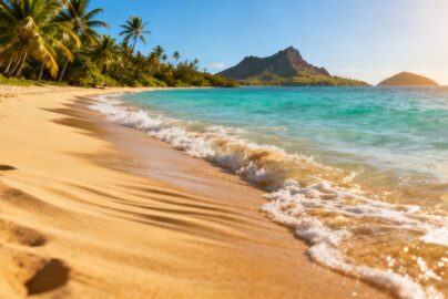Sunny beach with palm trees and clear blue water.