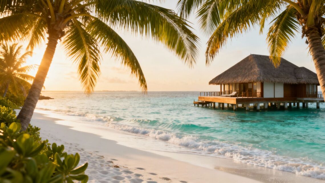 Tropical beach with turquoise water and palm trees.