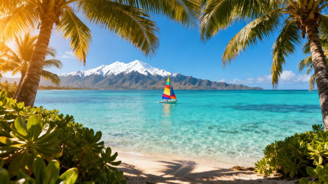 Beautiful beach with mountains and sailboat