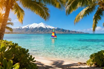 Beautiful beach with mountains and sailboat