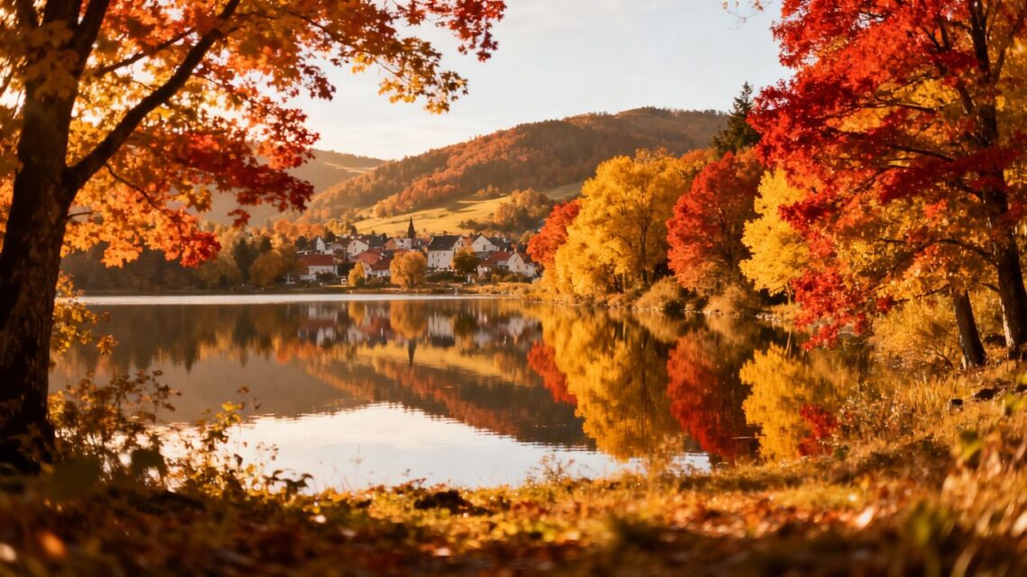 Autumn landscape with colorful trees and a lake.