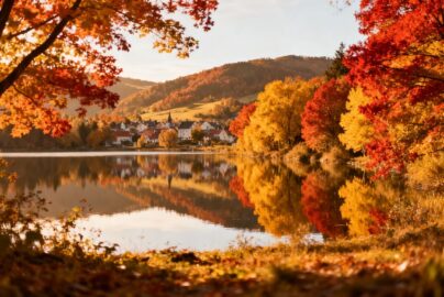 Autumn landscape with colorful trees and a lake.