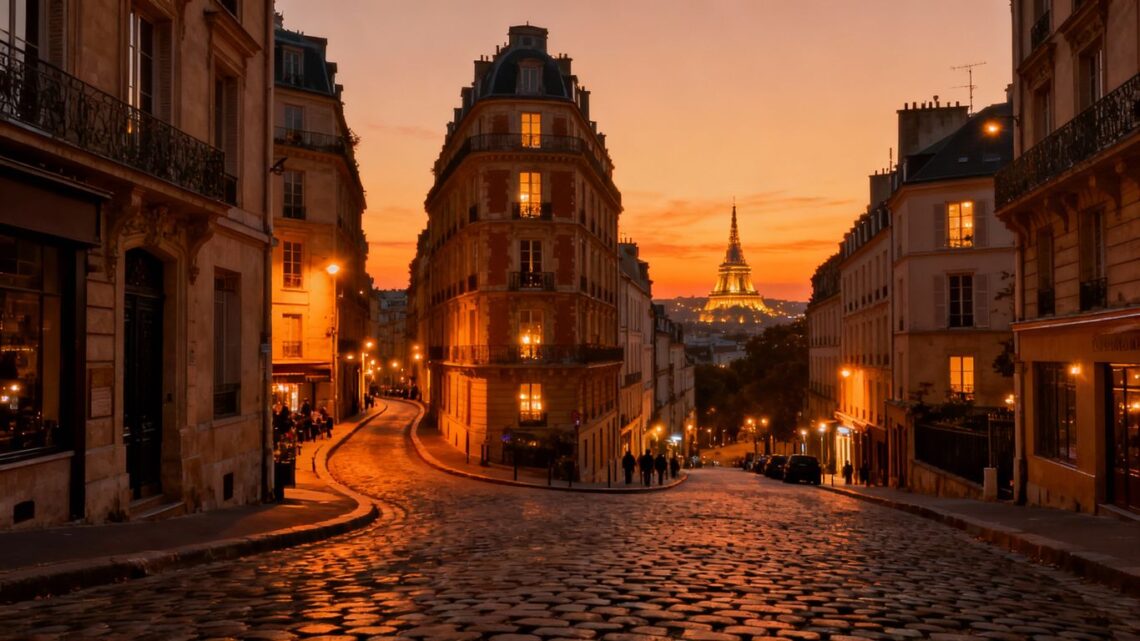 European city skyline at sunset with historic architecture.