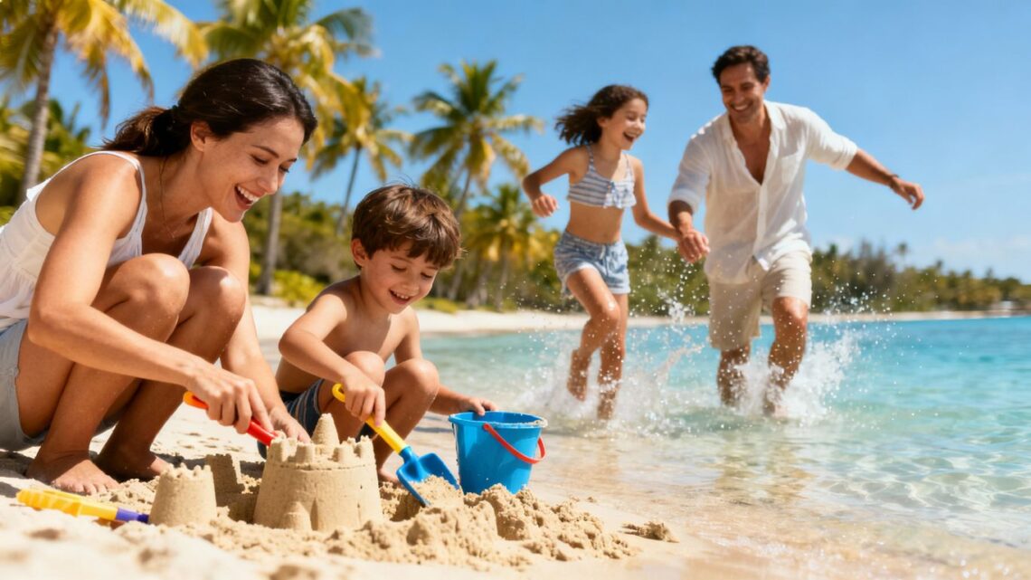 Family enjoying a sunny beach vacation together.