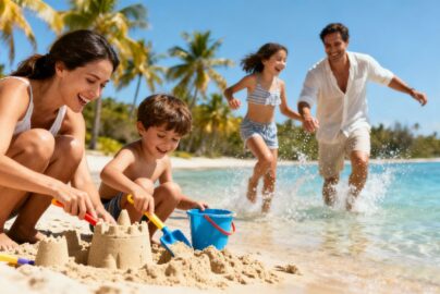 Family enjoying a sunny beach vacation together.