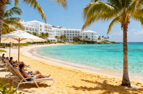 Tunisian beach with turquoise water and resort.