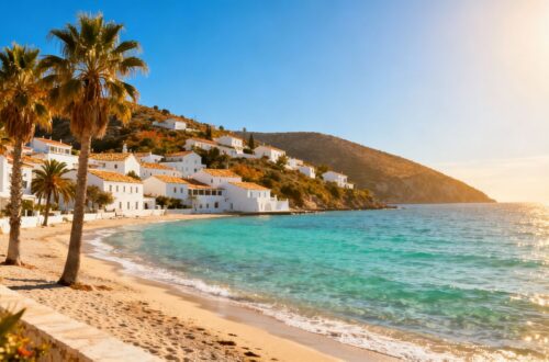 Sunny beach with palm trees and Mediterranean village.