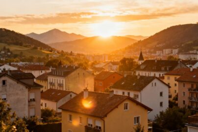 Affordable European cityscape with charming houses at sunset.