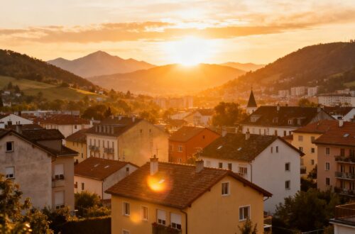 Affordable European cityscape with charming houses at sunset.