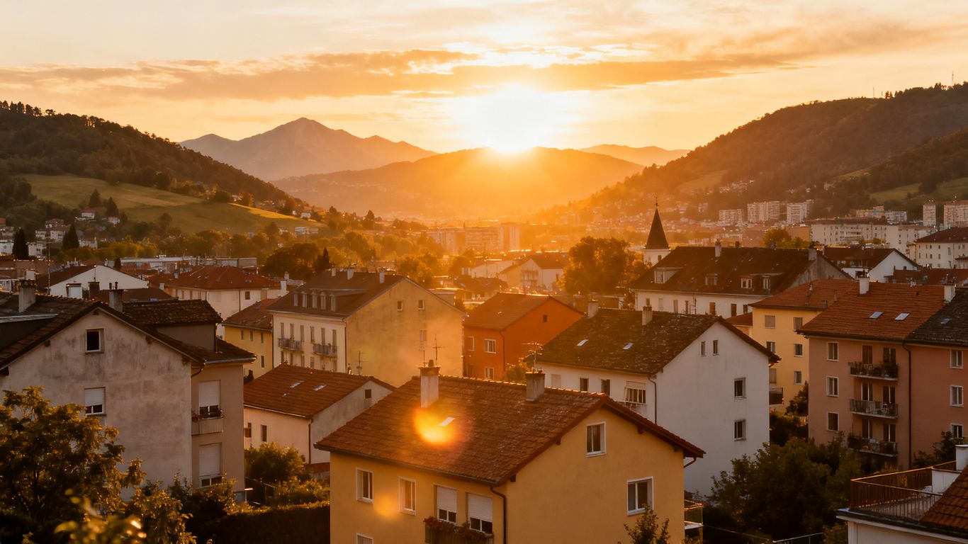 Affordable European cityscape with charming houses at sunset.