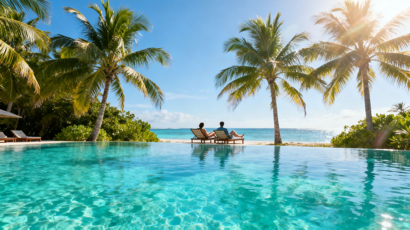 Couple relaxing on a sunny beach in December.