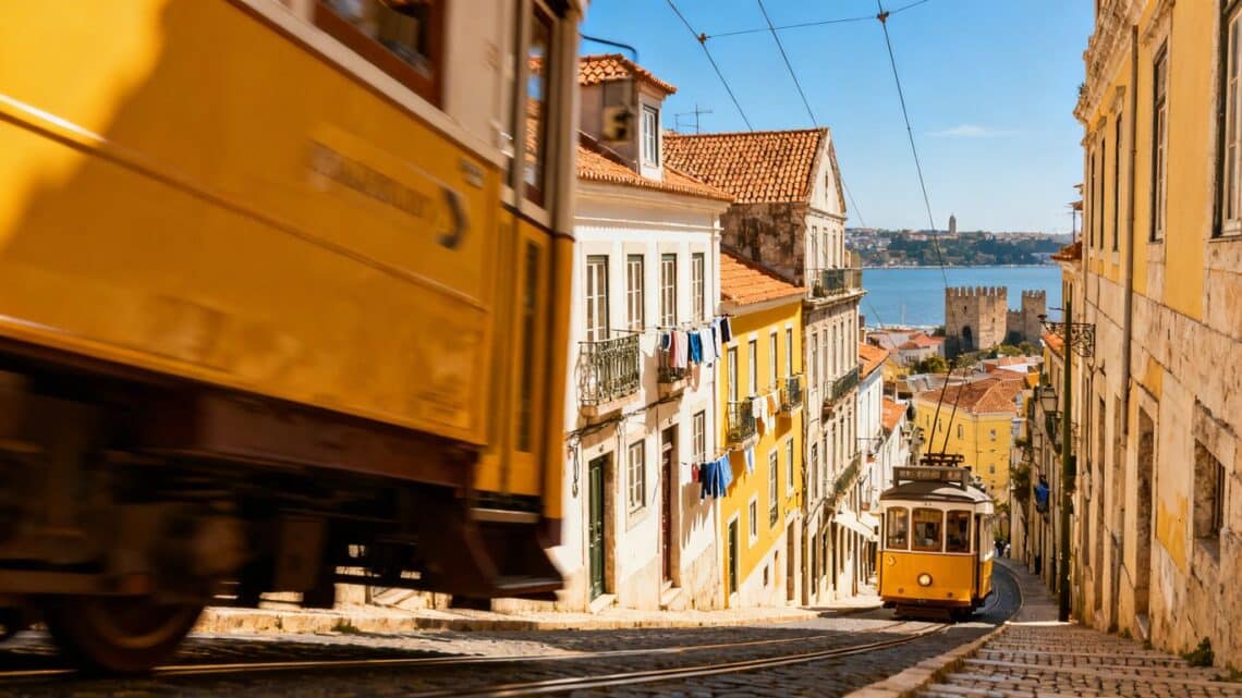 Lisbon's Tram 28 on a sunny street.