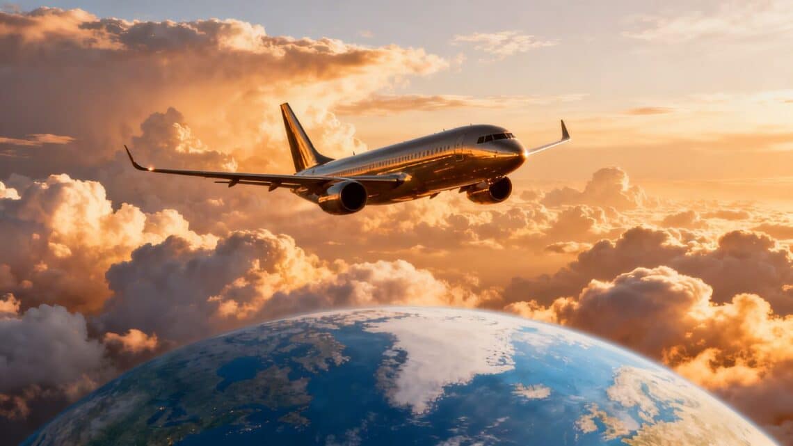 Airplane flying through clouds, globe below.