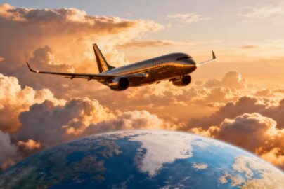 Airplane flying through clouds, globe below.