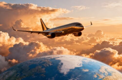 Airplane flying through clouds, globe below.