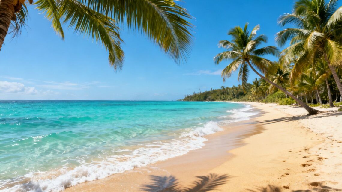 Tropical beach with clear water and palm trees.