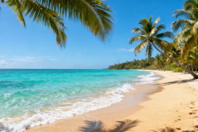 Tropical beach with clear water and palm trees.