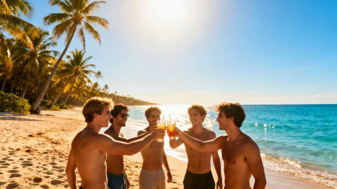 Men celebrating on a sunny beach with drinks.