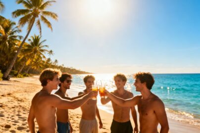 Men celebrating on a sunny beach with drinks.