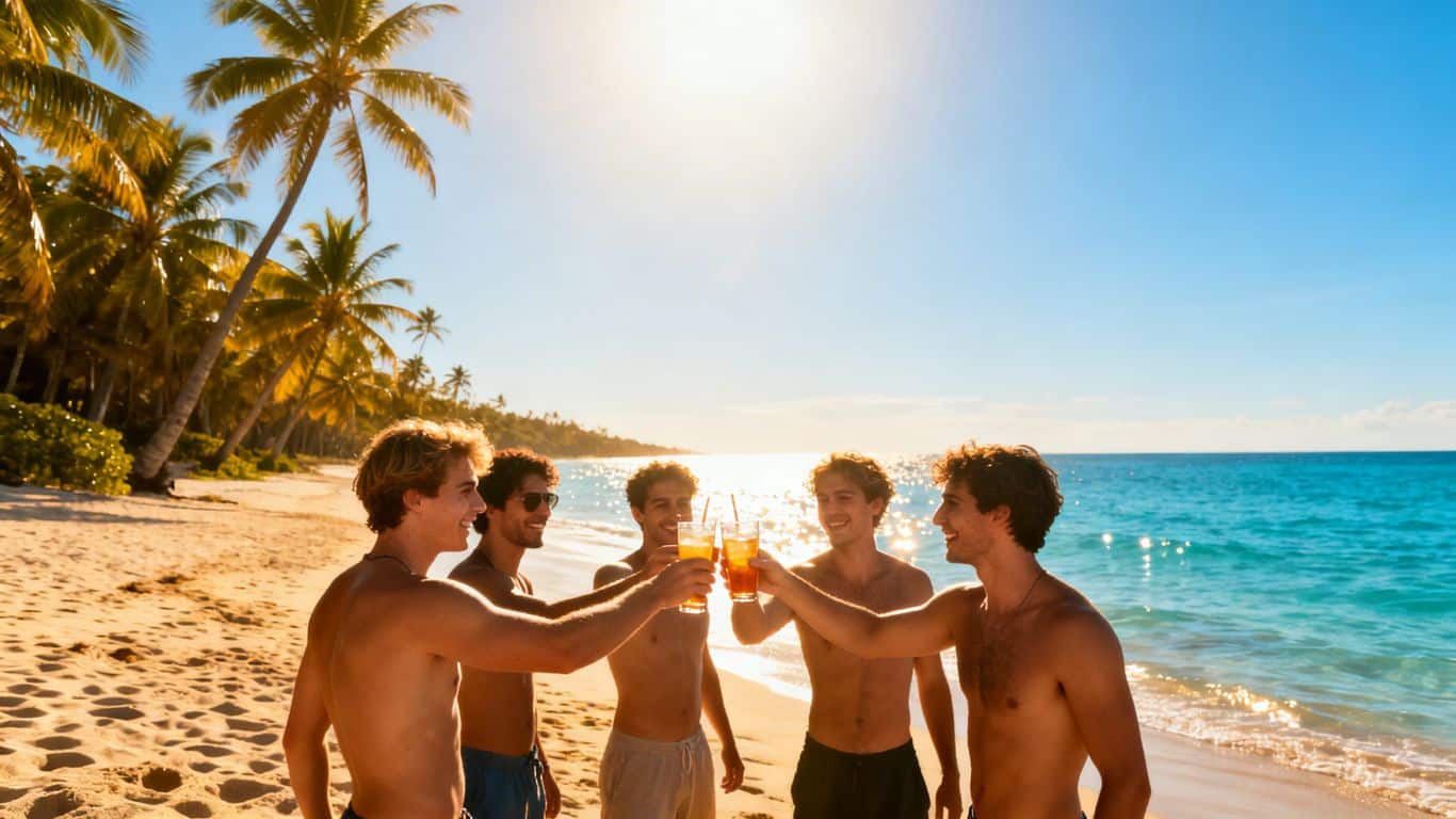 Men celebrating on a sunny beach with drinks.