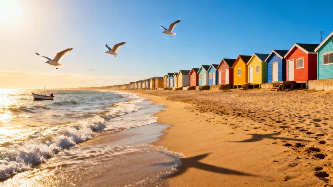 UK coastal town with beach and cottages