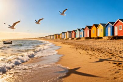 UK coastal town with beach and cottages