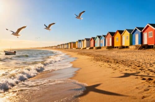 UK coastal town with beach and cottages